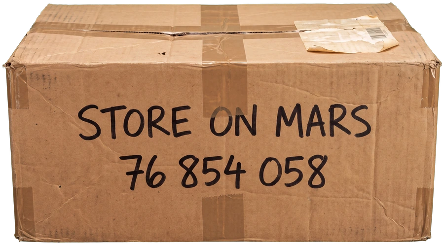 Store On Mars cardboard box with phone number 76 854 058
