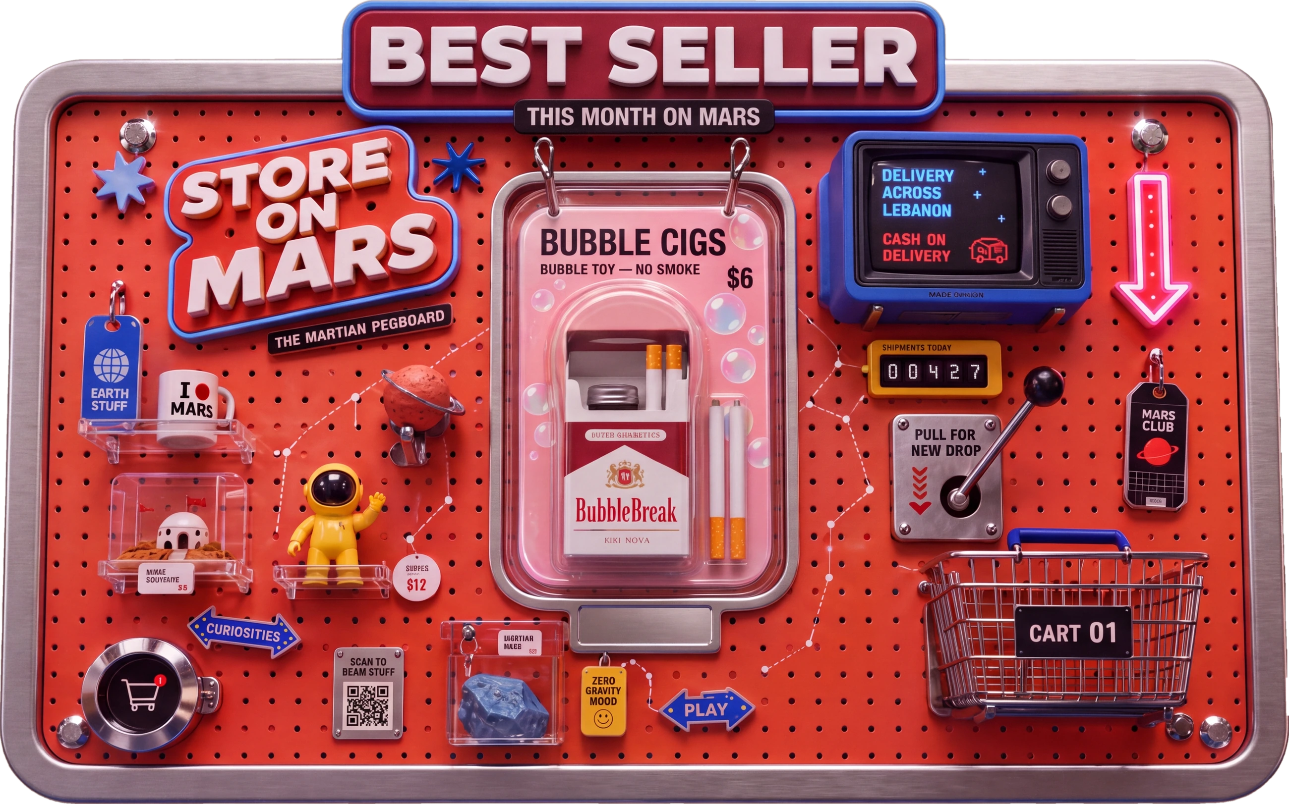 Store On Mars Best Seller board - Bubble Cigs blister pack with BubbleBreak inside, retro TV, shipment counter, cart