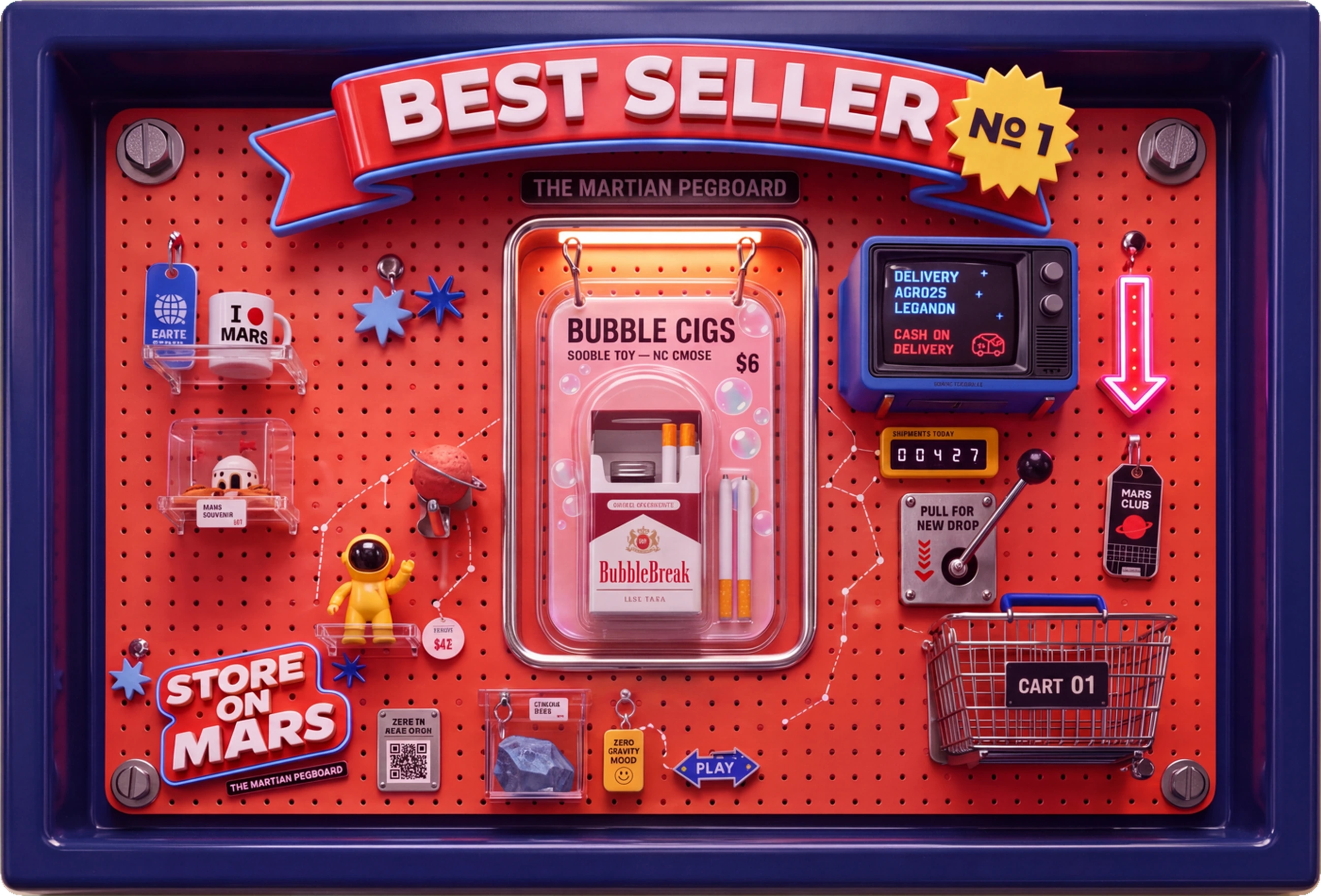 Store On Mars Best Seller board - Bubble Cigs blister pack with BubbleBreak inside, retro TV, shipment counter, cart