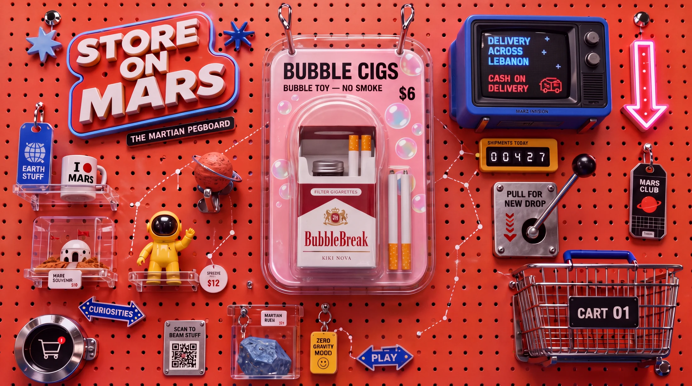 Store On Mars Martian Pegboard - Bubble Cigs blister pack with BubbleBreak inside, retro TV, shipment counter, cart