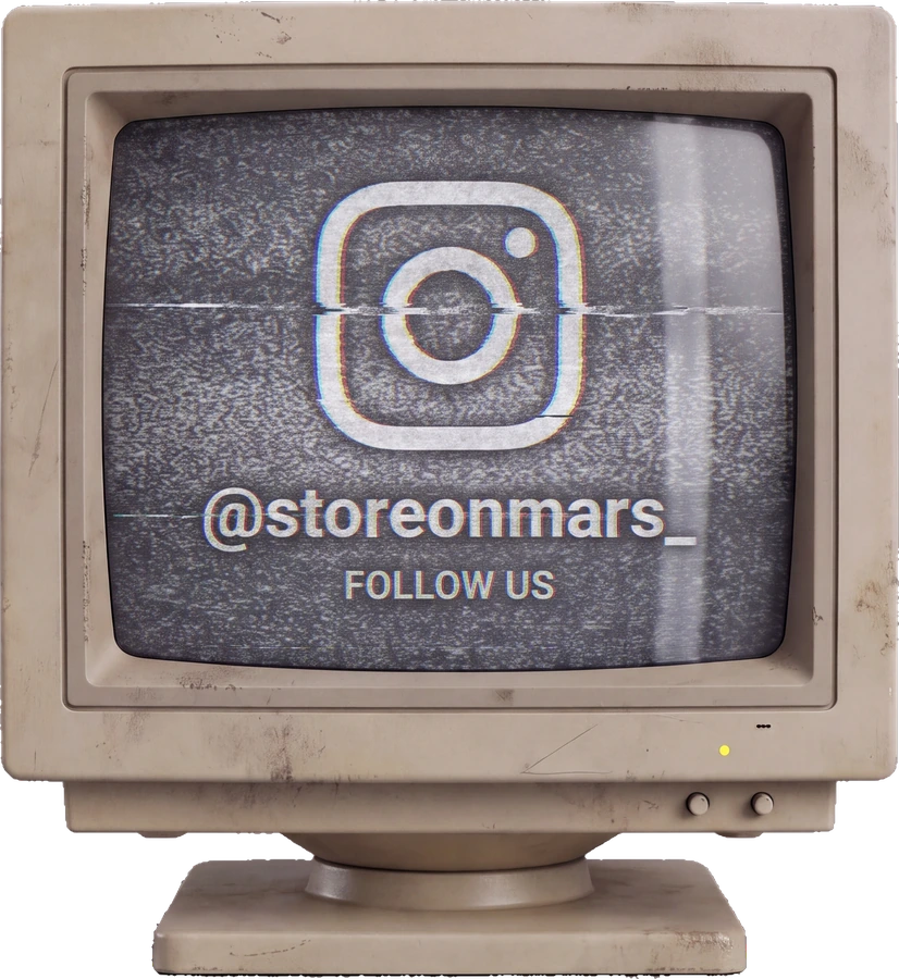 Old computer monitor showing the Store On Mars Instagram handle
